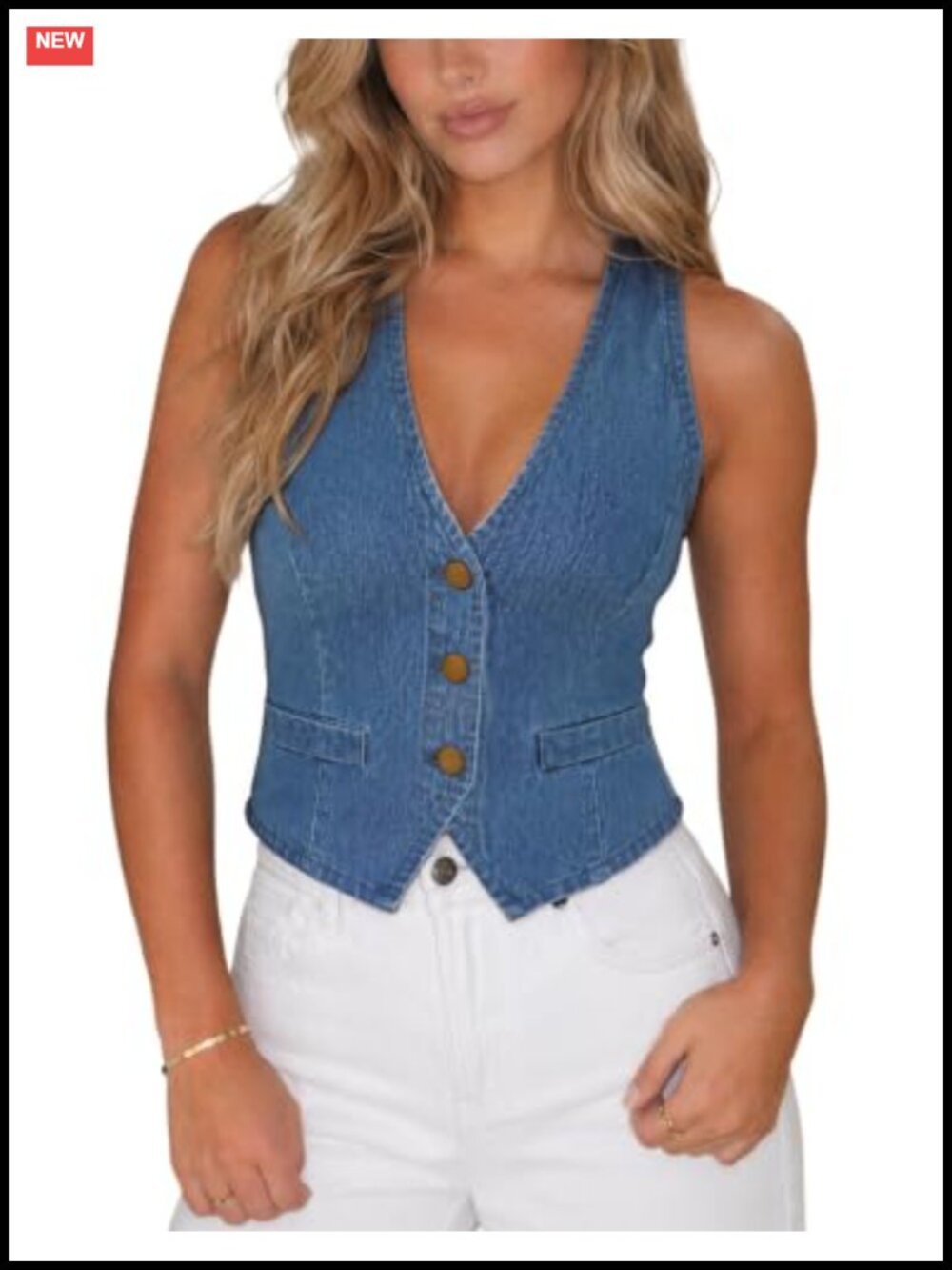 Sleeveless V Neck Denim Vest Western Crop Button Down